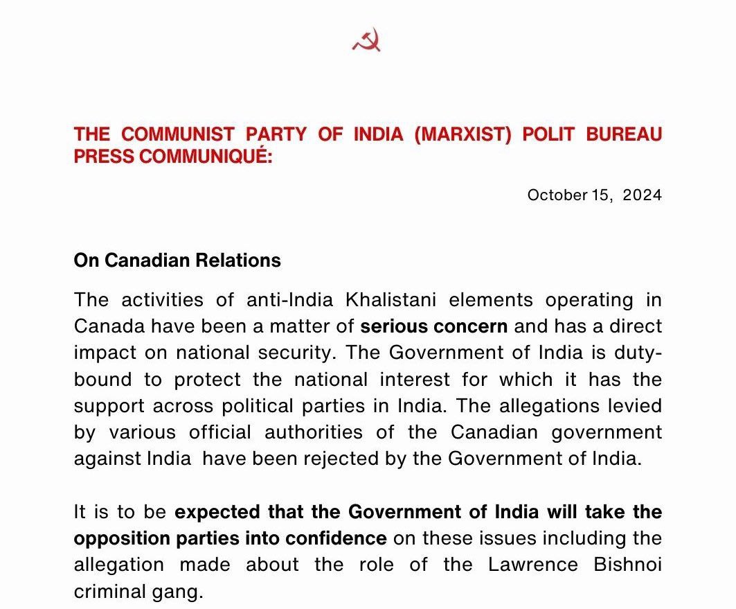 NewsAlgebraIND's tweet image. BIG NEWS 🚨 CPM extends support to Modi Govt on the issue of rising Kha*listani elements in Canada in National Interest.