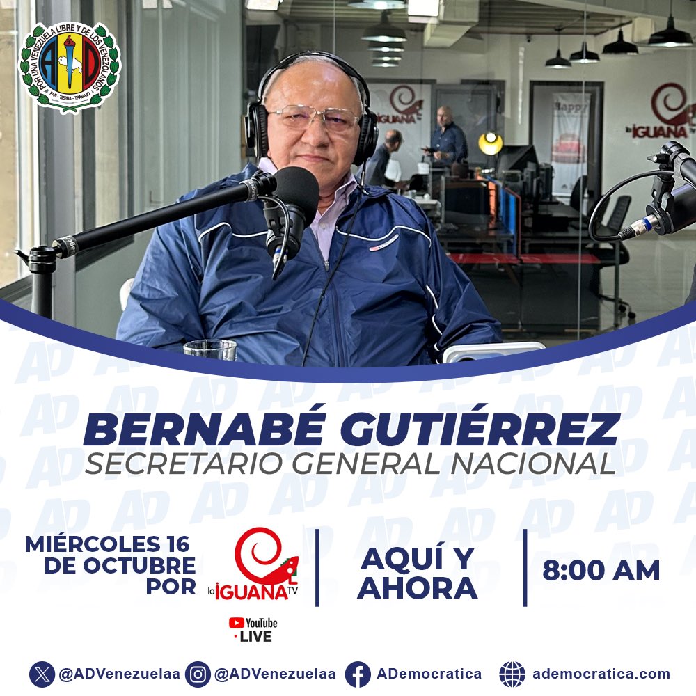 Este miércoles #16Oct estará nuestro Secretario General Nacional <a href="/adbernabe/">Bernabé Gutiérrez</a>, en el podcast “AQUÍ Y AHORA” con el periodista <a href="/JRioboVTV/">Julio Riobó VTV</a>, por el canal de @la_iguanatv en YouTube, estarán conversando temas de interés político nacional. ¡Sintonízalo!