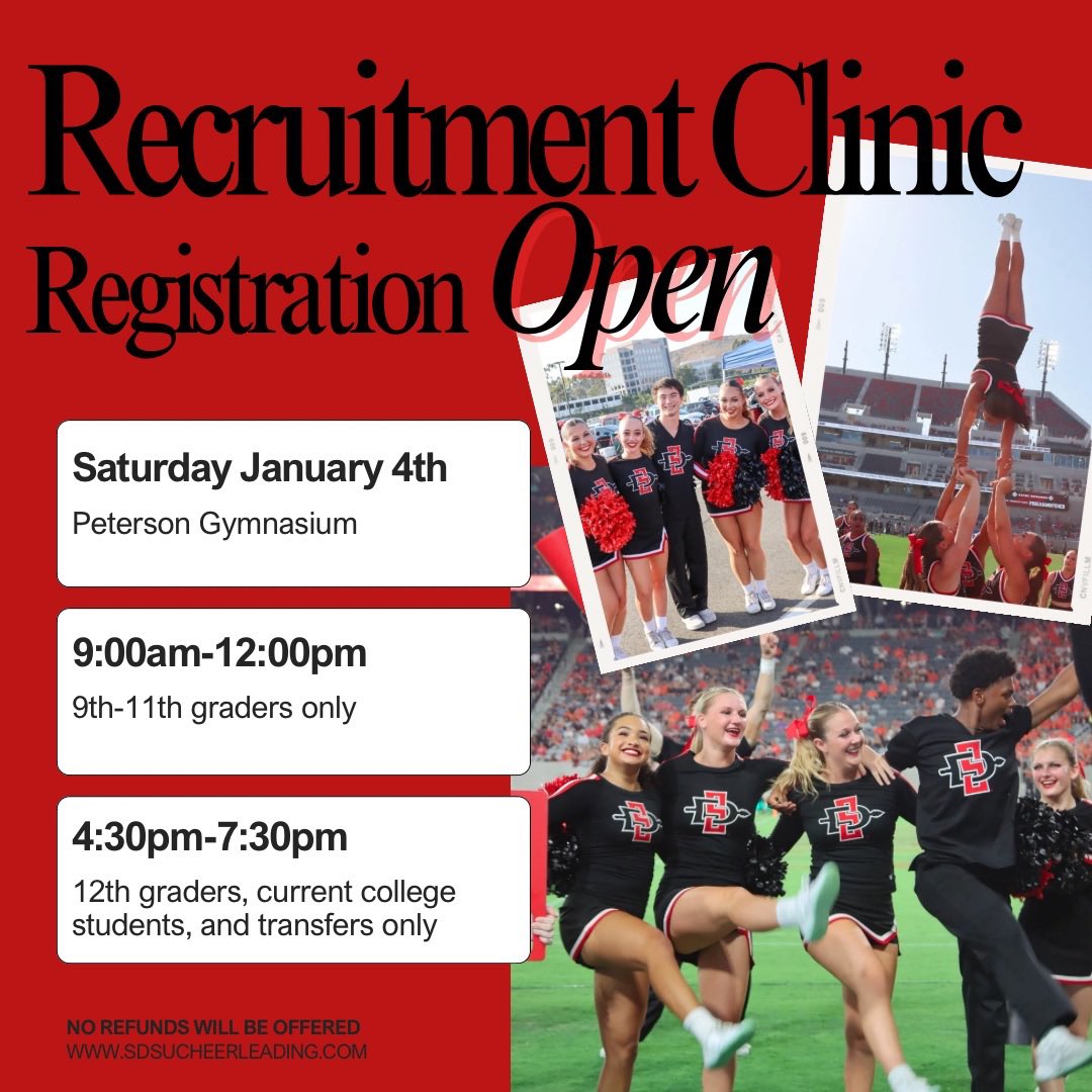 SDSUCheer's tweet photo. Mark your calendars 🗓️ ! Our highly anticipated annual recruitment clinic registration is LIVE! Sign up today at https://t.co/IKTtJ3YiaA You CAN have this Aztec life! ❤️🖤
•
•
•
#SDSUCheerleading #YouCantHaveMyAztecLife
#CollegeCheer #R2AM #TogetherWeRise
#WeAreAztecs https://t.co/TJ7rZdrBnM