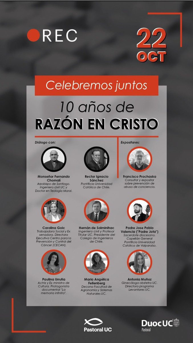 ¡Imperdible!🤩 Este 22 de octubre a las 10:30 hrs en el Campus #SanJoaquínUC se celebran los 10 años de 🔴REC (Razón en Cristo), con diferentes expositores quienes contarán sobre sus experiencias de vida a través de la fe. Inscríbete aquí👉: rec.cl