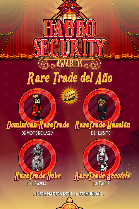 ESHabboSecurity's tweet photo. 🏆8ª CATEGORÍA: "RARE TRADE DEL AÑO"🏆 
Nominados:
Dominican Rare Trade de Motorola27 (@Motorola27h)
Rare Trade Mansion de -Luisito-
Rare Trade Nube de lSaskia.
Rare Trade Arcoíris de PauuS (@HabboPauu)

Vota a tu favorit@ en la encuesta dentro de la "Central 11vo. Aniversario" de ESHabboSecurity🗳️ Link de sala:➡️ https://t.co/yJgH2hhzNT
¡Suerte a tod@s!✨👏#HabboSecurityAwards2024