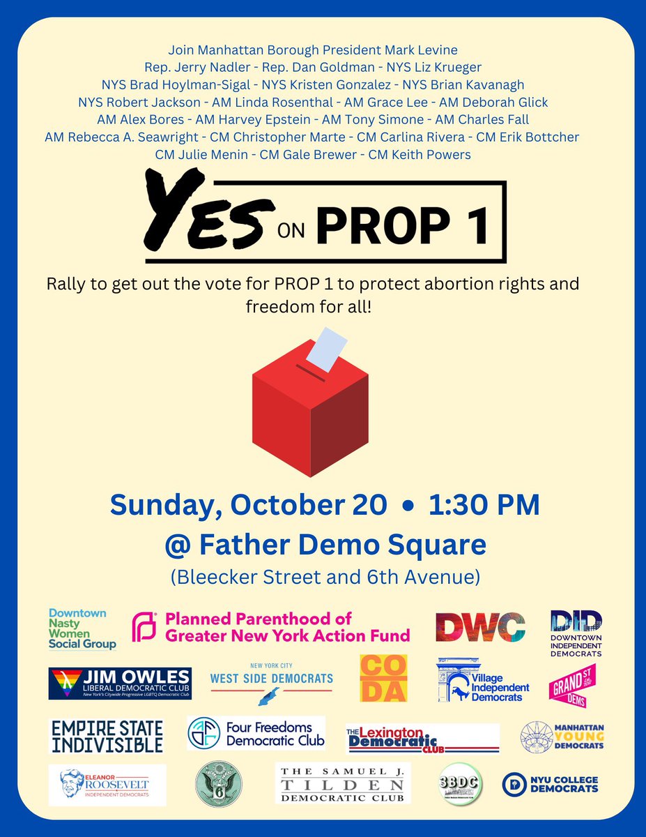 Get out the vote for <a href="/yesonprop1ny/">Vote YES on Prop 1 - NYEqualRights</a>! 

Join us for a rally this Sunday, October 20th at 1:30 PM at Father Demo Square (Bleecker &amp; 6th).