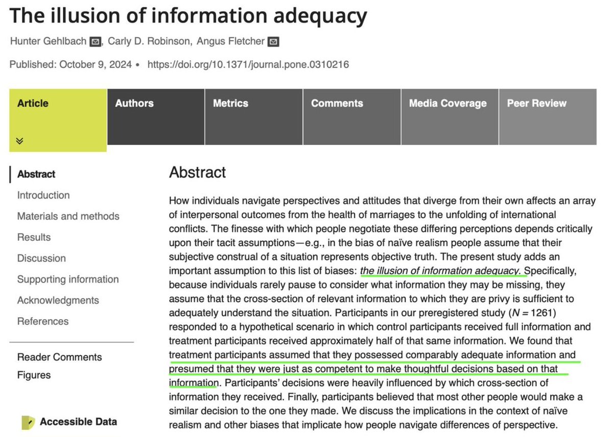 DanielPink's tweet image. Fascinating new paper uncovers a fresh cognitive bias: The illusion of information adequacy.
Many of us believe we have "enough" information to make decisions—even when we're missing key details.
Next time you're totally sure about something, ask yourself:
-- What might I…