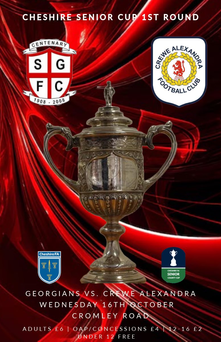 2️⃣4️⃣ hours until we kick off our Cheshire Senior Cup tie with EFL side <a href="/crewealexfc/">Crewe Alexandra</a> 🙌

With the bar fully stocked and food available we hope to see you there 🫵⚽️

#upthegeorgians