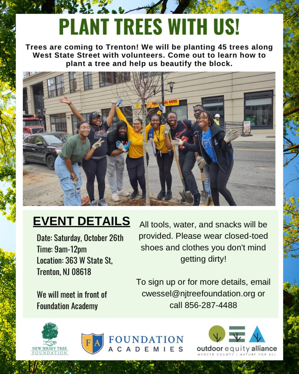 MercerCountyOEA's tweet photo. 🌳 Mark your calendars! Join us on Oct 26 as we plant 45 trees along West State St with volunteers and our friends from @NJTrees and @FoundationAcad.

📱 To sign up or for details, email cwessel@njtreefoundation.org or call 856-287-4488

We hope to see you there! https://t.co/jHcaEcEntI