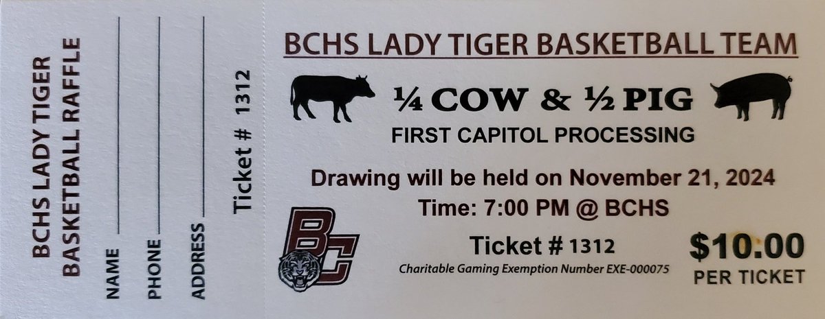 The Breckinridge County Lady Tigers are selling chances for a 1/4 COW and 1/2 PIG. Chances are $10 and all proceeds benefit the Breckinridge County Lady Tiger Basketball Team. If you are interested, message this account and someone will contact you.