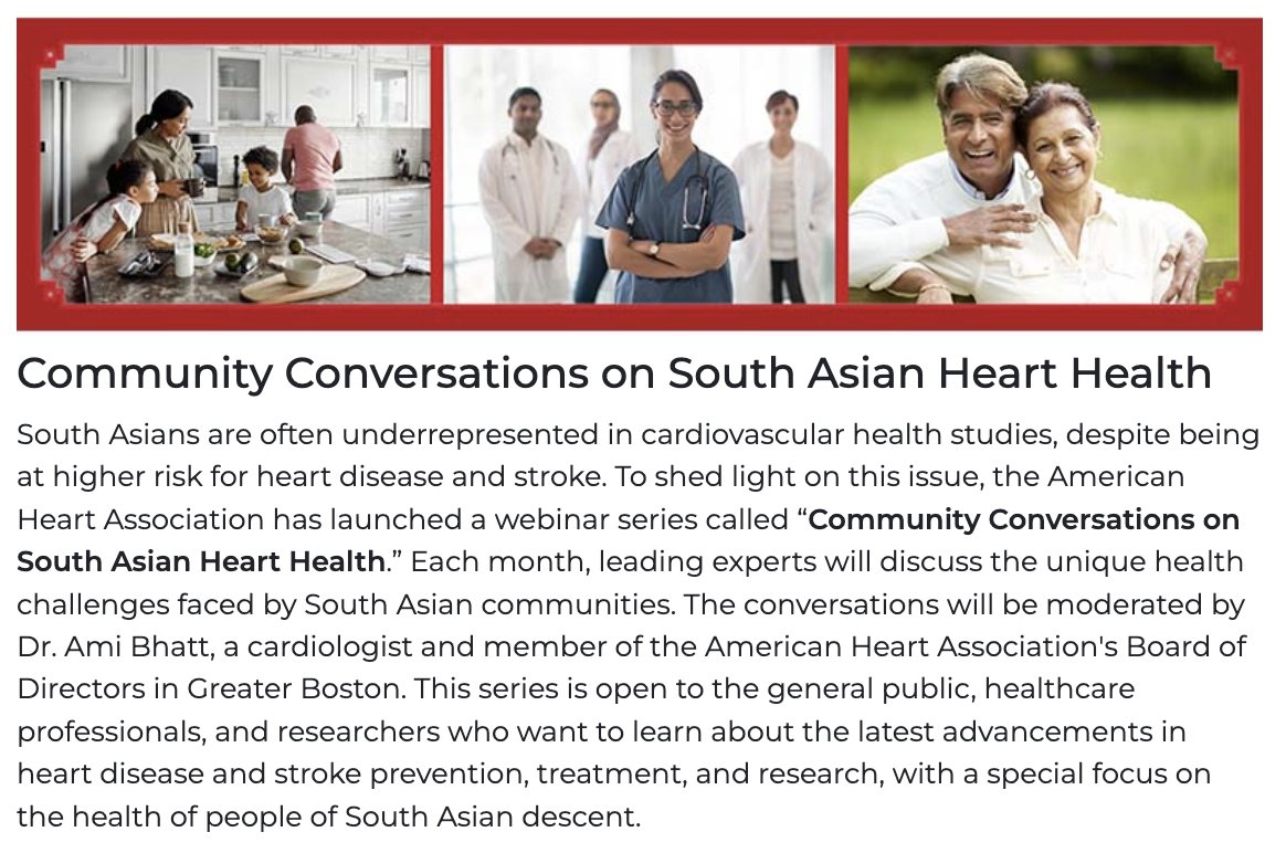 Pradeep Natarajan (@pnatarajanmd) on Twitter photo Community Conversations on South Asian Heart Health free webinar series hosted by <a href="/AmericanHeartMA/">American Heart Association: Massachusetts</a> moderated by <a href="/AmiBhattMD/">Ami Bhatt, MD</a>!
heart.org/en/affiliates/…
First talk by <a href="/AniruddhPatelMD/">Aniruddh Patel</a> <a href="/MGHHeartHealth/">Mass General Heart</a> <a href="/ourhealthstudy/">OurHealth</a>
registration: heart.zoom.us/webinar/regist… Community Conversations on South Asian Heart Health free webinar series hosted by <a href="/AmericanHeartMA/">American Heart Association: Massachusetts</a> moderated by <a href="/AmiBhattMD/">Ami Bhatt, MD</a>!
heart.org/en/affiliates/…
First talk by <a href="/AniruddhPatelMD/">Aniruddh Patel</a> <a href="/MGHHeartHealth/">Mass General Heart</a> <a href="/ourhealthstudy/">OurHealth</a>
registration: heart.zoom.us/webinar/regist…