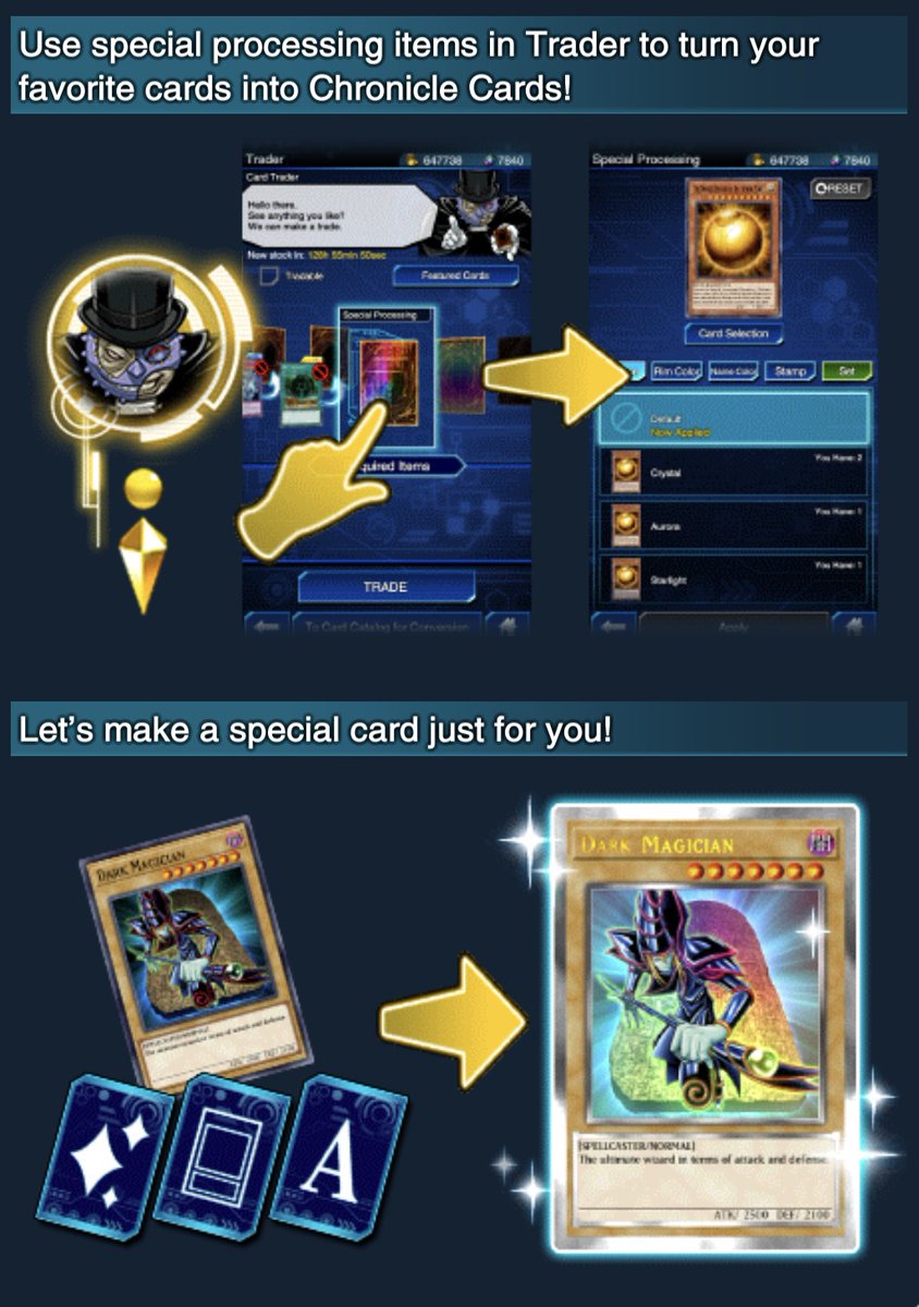 Use special processing items in Trader to turn your favorite cards into Chronicle Cards! What Chronicle Cards have you made so far? #YuGiOhDUELLINKS Use special processing items in Trader to turn your favorite cards into Chronicle Cards! What Chronicle Cards have you made so far? #YuGiOhDUELLINKS