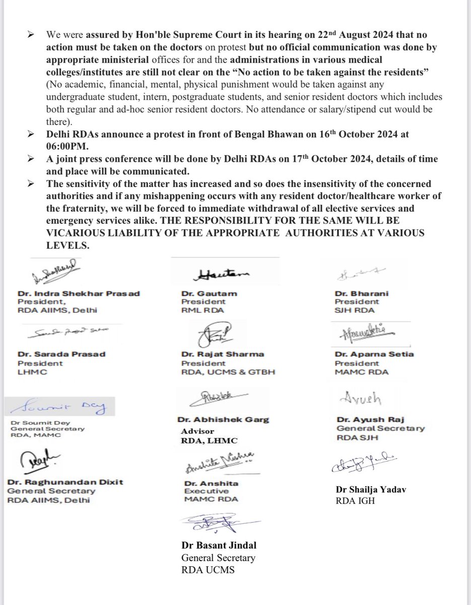 AIIMSRDA's tweet photo. Despite assurances from the hon Supreme Court, there's no concrete action on the RG Kar case. Delhi RDAs had a meeting and announced a protest on Oct 16 due to delayed justice and lack of safety measures. Urgent action is needed! @MoHFW_INDIA @MamataOfficial https://t.co/fMxG6m7zJF