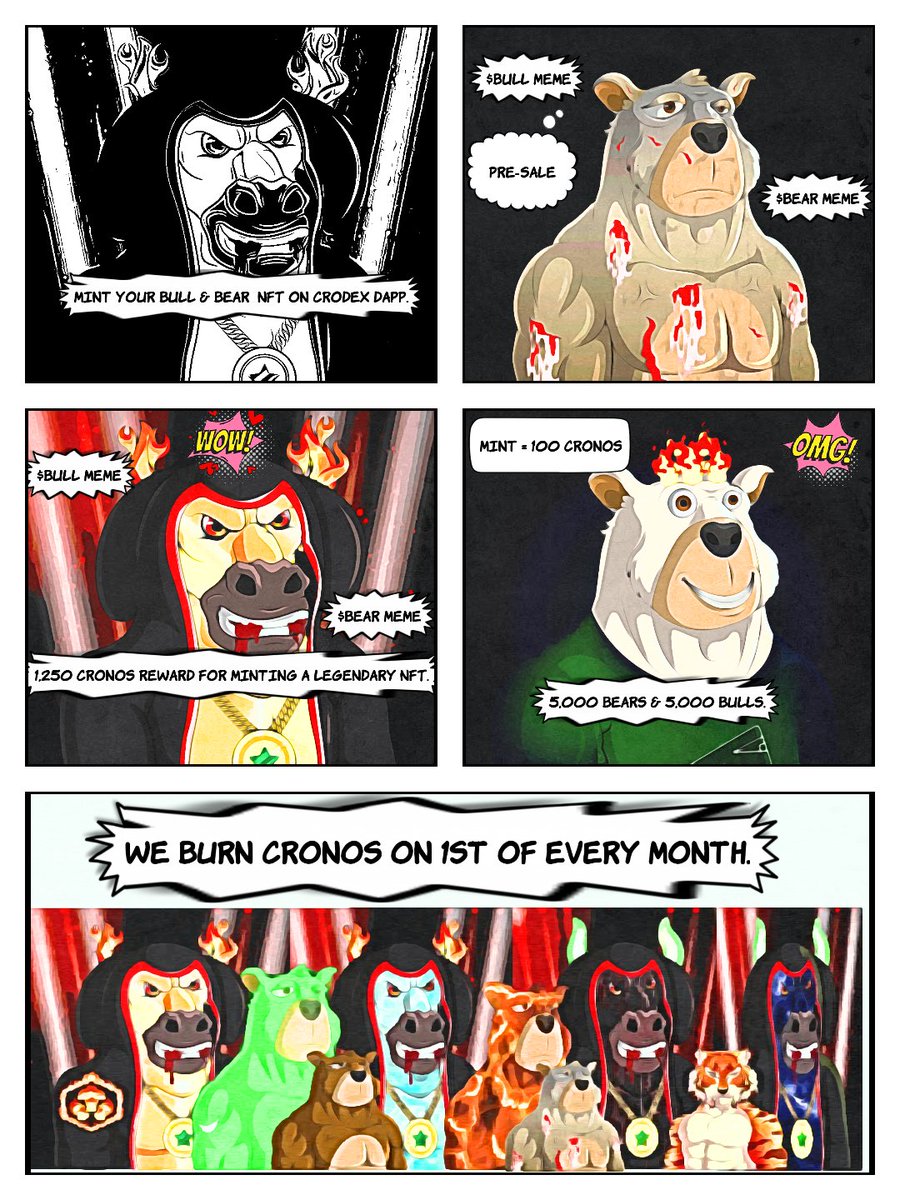 Mint your <a href="/BurnCronos/">Burncro.com</a> Bears and Bulls NFTs on  <a href="/crodexapp/">Crodex | AMM / DeFi / NFT Ecosystem on Cronos</a>. This NFT mint is the pre-sale for  2 Meme coins, the $BULL and the $BEAR , each has a max supply of 1M coins. Minting a legendary coin has a reward of 1,250 Cronos.  Good luck 👍 burncro.com