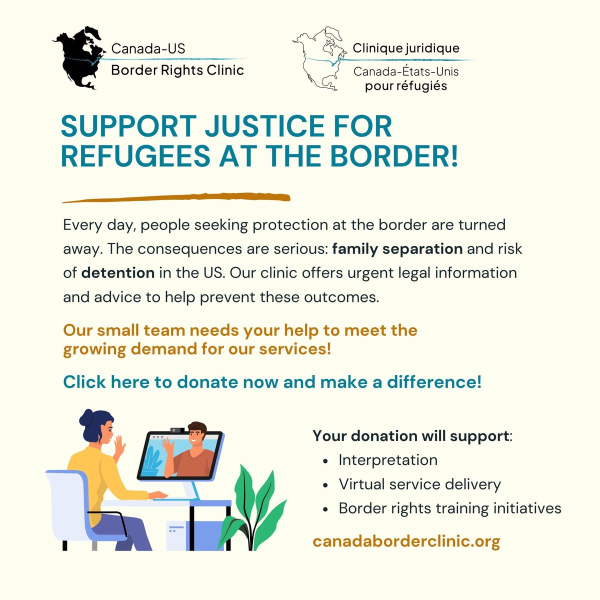 I am asking for your support for the newly launched Canada-US Border Rights Clinic, a project that I have helped get off the ground. 
We need your help to do this important work. You can donate today by visiting canadaborderclinic.org/donate/.
Thank you for your support and solidarity!