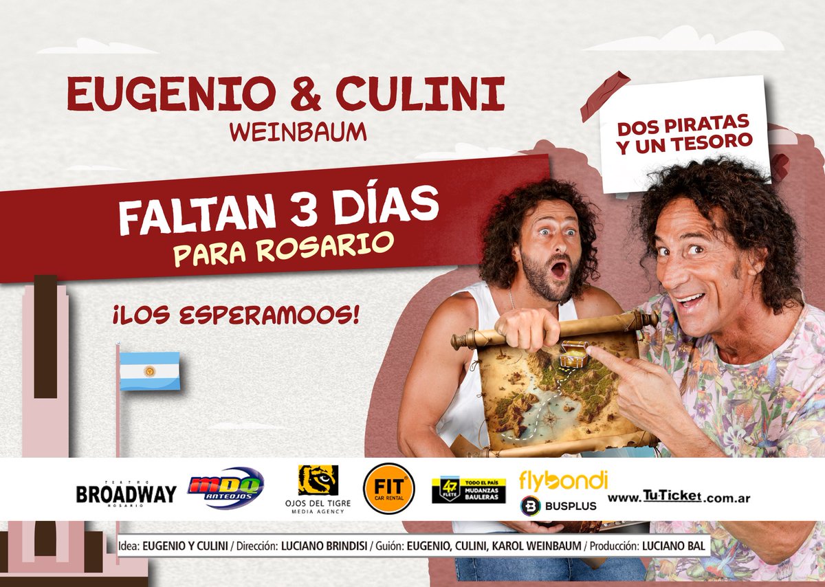 ¡Atención Rosario! 🌎🌟

Este 18 de octubre en Rosario damos cierre a “Dos piratas y un Tesoro”, una aventura imperdible para toda la familia llena de risas, diversión y momentos inolvidables.

🎟️ ¡Comprá tus entradas antes de que se agoten! 
👉 tuticket.com.ar/1744-mdq