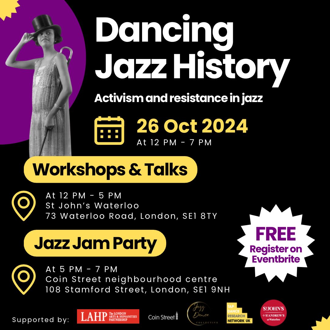 Dancing Jazz History
Saturday 26 October 2024
From 12.00pm
Join a dance or music workshop, presentation, panel discussion, jazz jam… Find out more about this free event on eventbrite.co.uk/e/dancing-jazz…
