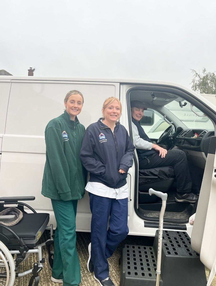 After a stroke resulting in R sided weakness, this patient was discharged using a rota stand. He is a dog trainer at Crufts + his goal was to get into his van to attend shows again. He achieved this goal today with Erica (OT) + Katie (physio) after a period of rehabilitation. 😊