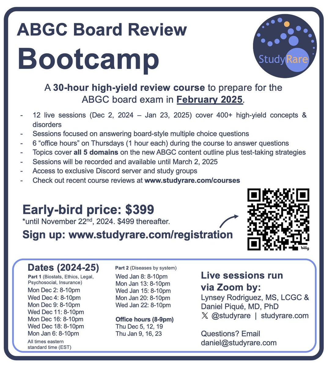 🚨 📢 We are very excited to announce that registration for the upcoming Winter ABGC Board Review Bootcamp (Dec 2, 2024 - Jan 23, 2025) is now open! 

If you are taking the ABGC exam in Feb 2025, this course is for you! More info in flyer below. We hope to see you soon! #GeneChat