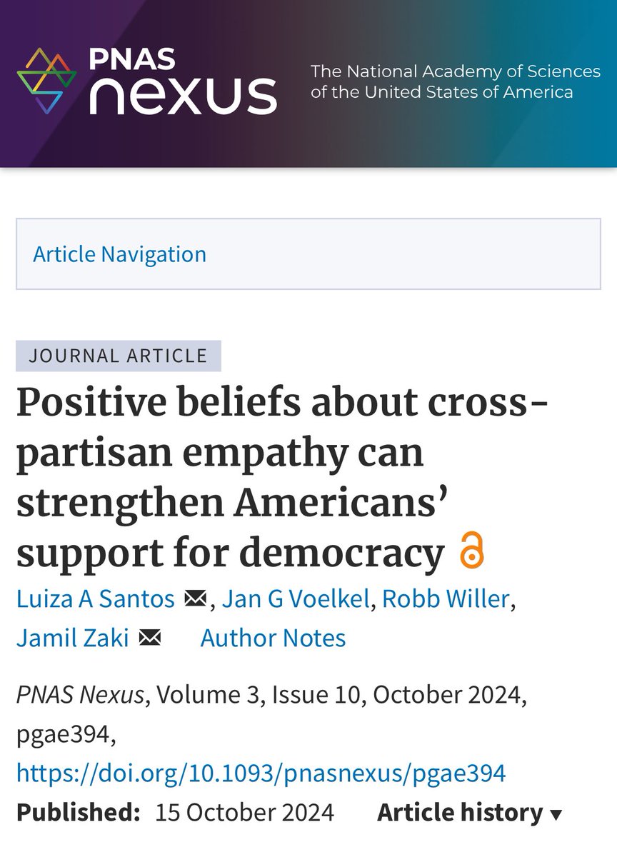 New paper now published in PNAS Nexus 🚨🚨! 

We test how empathy beliefs can act as a motivational lever to strengthen Americans support for democractic principles — even when these principles conflict with partisan goals. (1/7)
