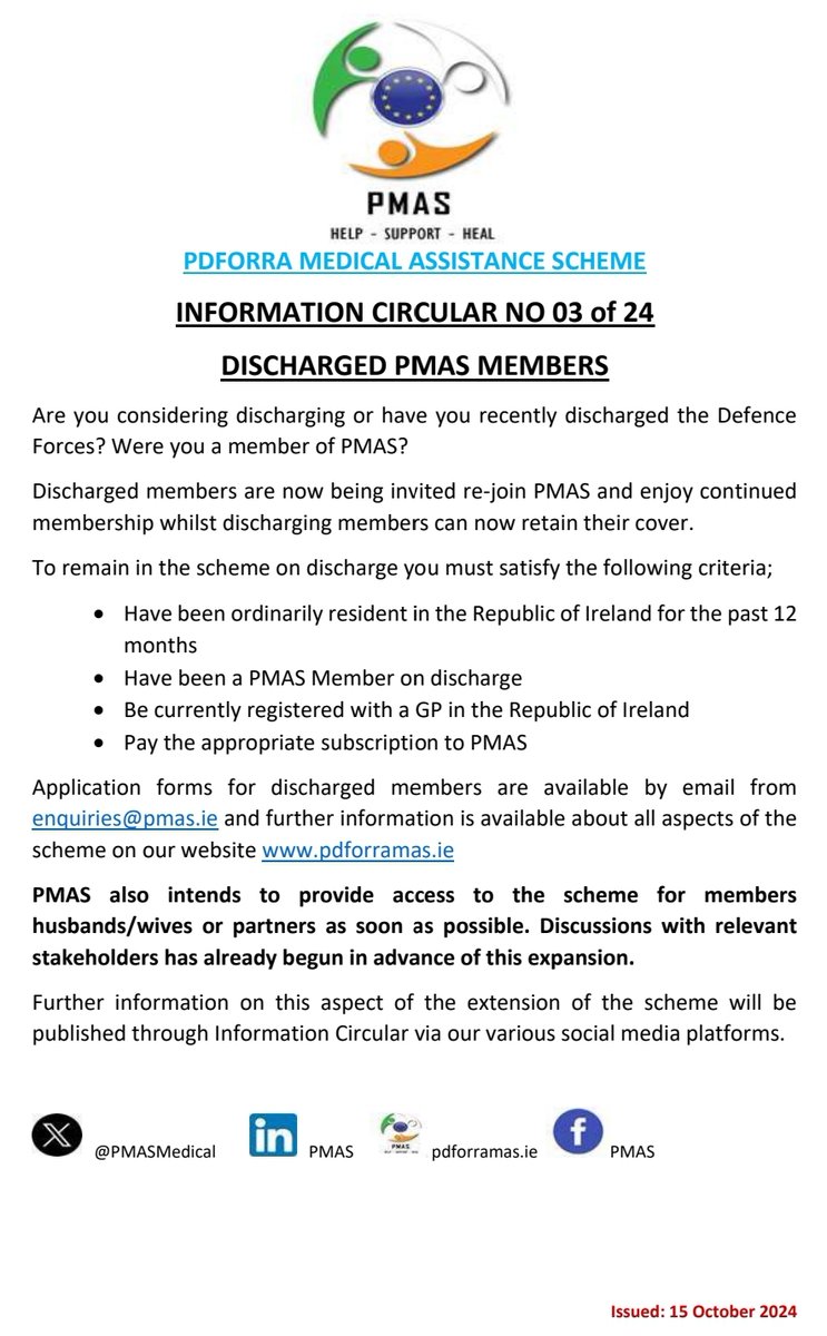 PMAS - PDFORRA Medical Assistance Scheme (@pmasmedical) on Twitter photo <a href="/PMASMedical/">PMAS - PDFORRA Medical Assistance Scheme</a> also intends to provide access to the scheme for members husbands/wives or partners as soon as possible
Discussions with relevant stakeholders has already begun in advance of this expansion
#HelpSupportHeal #PDFORRA #DefenceForces <a href="/ANSACCU/">ANSACCU</a> <a href="/defenceforces/">Óglaigh na hÉireann</a> <a href="/pdforra/">pdforra</a> <a href="/PMASMedical/">PMAS - PDFORRA Medical Assistance Scheme</a> also intends to provide access to the scheme for members husbands/wives or partners as soon as possible
Discussions with relevant stakeholders has already begun in advance of this expansion
#HelpSupportHeal #PDFORRA #DefenceForces <a href="/ANSACCU/">ANSACCU</a> <a href="/defenceforces/">Óglaigh na hÉireann</a> <a href="/pdforra/">pdforra</a>