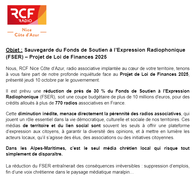 La radio RCF Nice en danger à cause du budget 2025 de  M. Barnier ? Oui. 

Explication dans ce communiqué de presse. Je suis bien évidemment joignable à ce sujet, chers confrères niçois.
