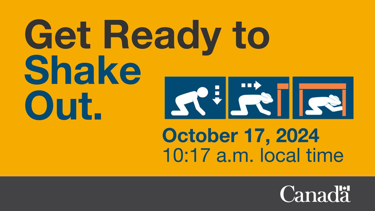 The #GreatShakeOut will be taking place on October 17 at 10:17 a.m. local time. The Yukon, B.C., Eastern ON, and QC are at greater risk of earthquakes, but we encourage everyone to participate in the annual drill in case of an #earthquake. Register here: shakeout.org