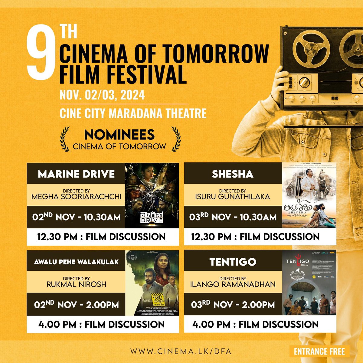 kavinuweerakkoD's tweet photo. Cinema of Tomorrow is back!!!

- 02 Days
- 04 Anticipated Movies
- Filmmaker Q&amp;A Sessions
- The Ninth annual Derana Lux Film Awards

📅 November 02 | 03 2024 
📍Cine City Theatre, Maradana
🕐 10.30 AM to 4.00 PM

Entrance Free!!! Absolutely Free!!!!

 #Cinemalk #DeranaFilmAwards https://t.co/l9NXvro7IT