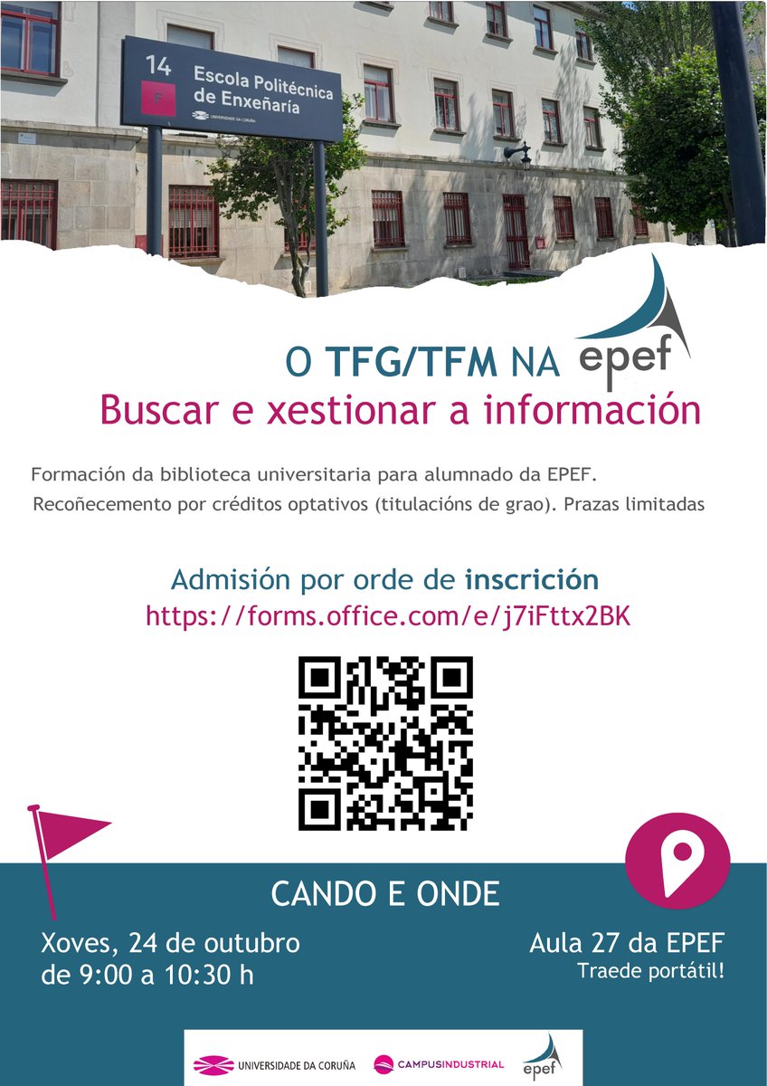 Biblioteca Ángela Ruiz Robles - EPEF (@biblioenxenaria) on Twitter photo Se estás a traballar no teu TFG/TFM ou a piques de comezalo, temos unha cita!
O vindeiro xoves, día 24, falaremos na Escola sobre como buscar e xestionar a información. Inscricións xa abertas, dirixidas a alumnado da <a href="/epef_udc/">Escola Politécnica de Enxeñaría de Ferrol</a> de calquera curso forms.office.com/e/j7iFttx2BK Se estás a traballar no teu TFG/TFM ou a piques de comezalo, temos unha cita!
O vindeiro xoves, día 24, falaremos na Escola sobre como buscar e xestionar a información. Inscricións xa abertas, dirixidas a alumnado da <a href="/epef_udc/">Escola Politécnica de Enxeñaría de Ferrol</a> de calquera curso forms.office.com/e/j7iFttx2BK