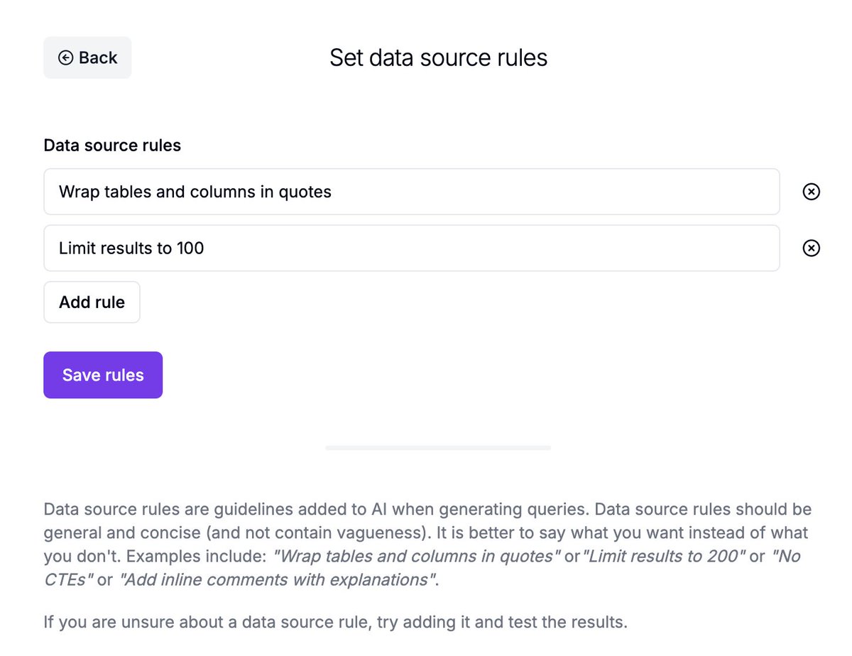 sqlai_ai's tweet image. Data source rules deployed 🚀! 

Sort of low-tech RAG solution enabling users to specify rules that AI should adhere. Using @prisma I had to ensure it used quotes for case-sensitivity in @PostgreSQL. Results limitation is to avoid to heavy loads. 

#buildinpublic #sql #database
