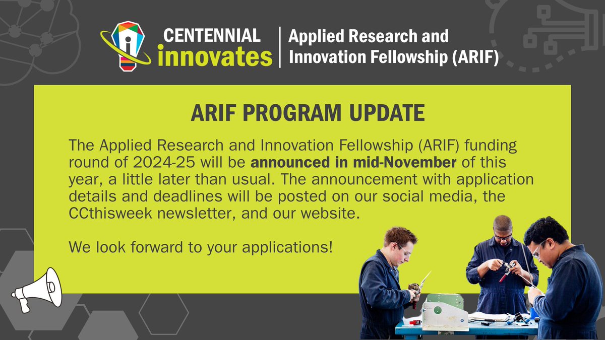 📣 #ARIF Update: Details on our Applied Research and Innovation Fellowship (ARIF) program will be announced in mid-November on our social media, ARIF website, and other college communications. We look forward to receiving all your applications! Learn more: centennialcollege.ca/about-centenni…