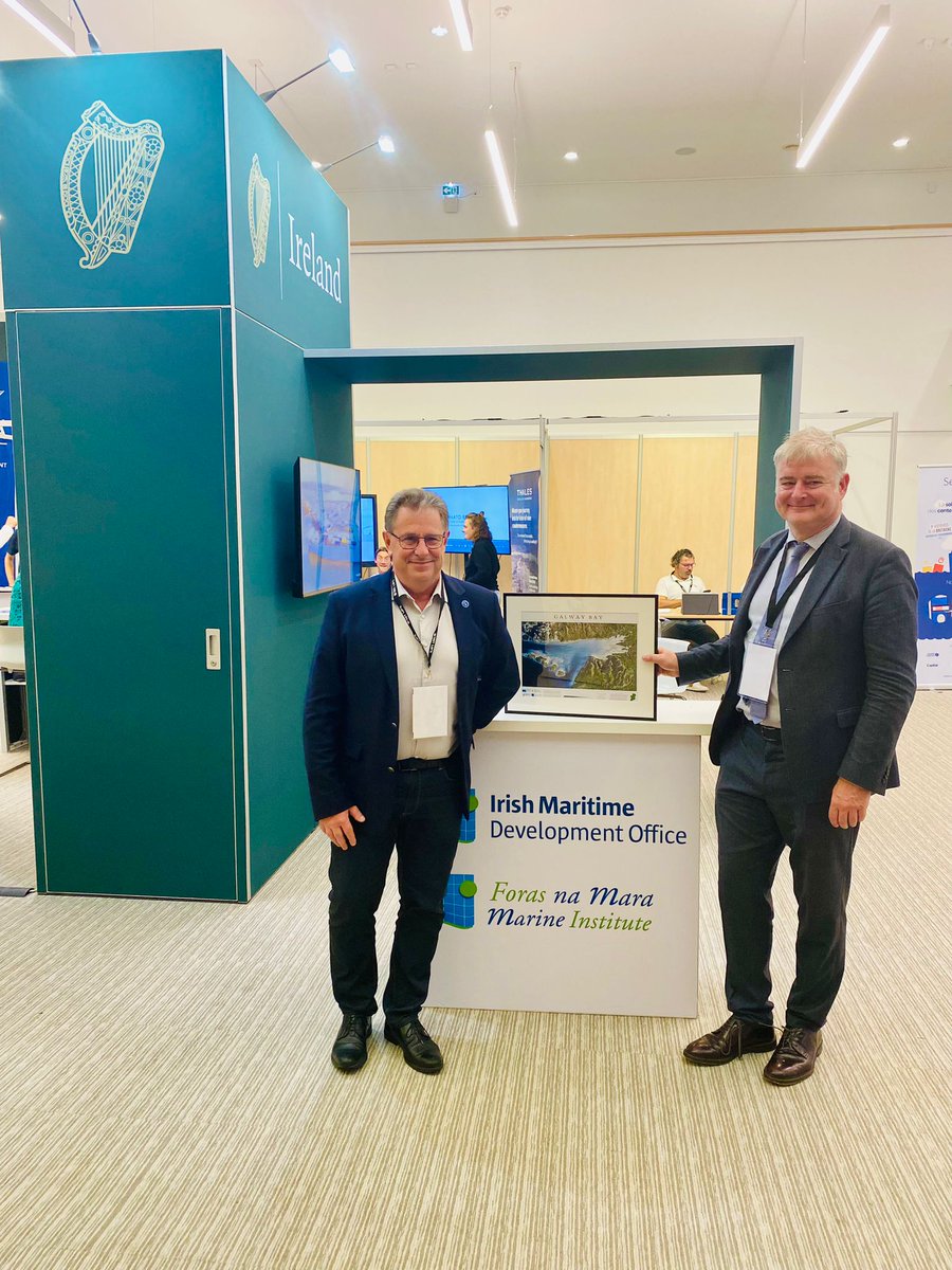 MarineInst's tweet photo. Deputy Ambassador Micheal Tierney presenting Jean Marc Daniel the Deputy Head of @Ifremer_fr with the @followtheboats Blue scale series Map of #GalwayBay #Seatech 🌊
@dfatirl @IMDOIreland https://t.co/OMbtUEiW6f