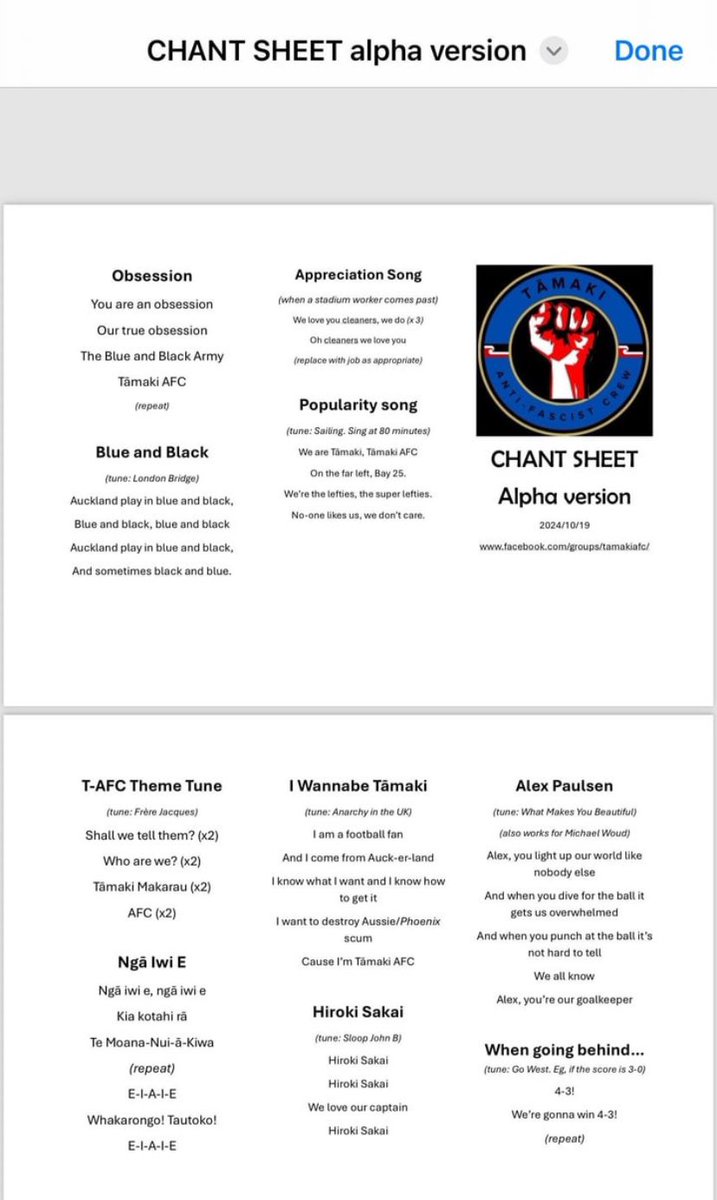 The chant sheet for Auckland FC’s left-wing supporters group, Tāmaki AFC (Anti-Fascist Crew)
Thoughts?