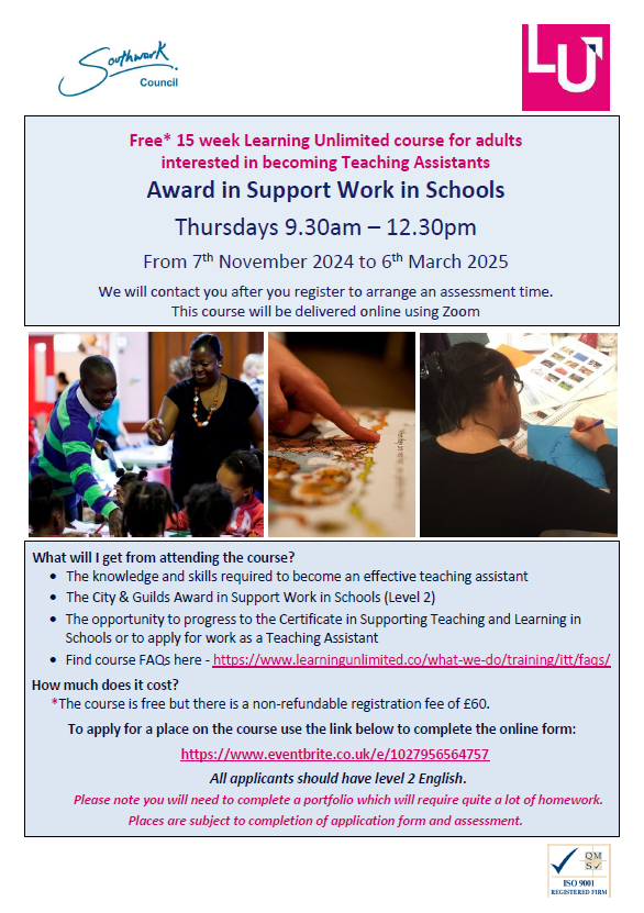 Do you work with Southwark residents? We're currently recruiting for a Level 2 Award in Support Work in Schools course, starting next month online.

More details on the flyer and learningunlimited.co/what-we-do/tra…

People can apply here: eventbrite.co.uk/e/1027956564757