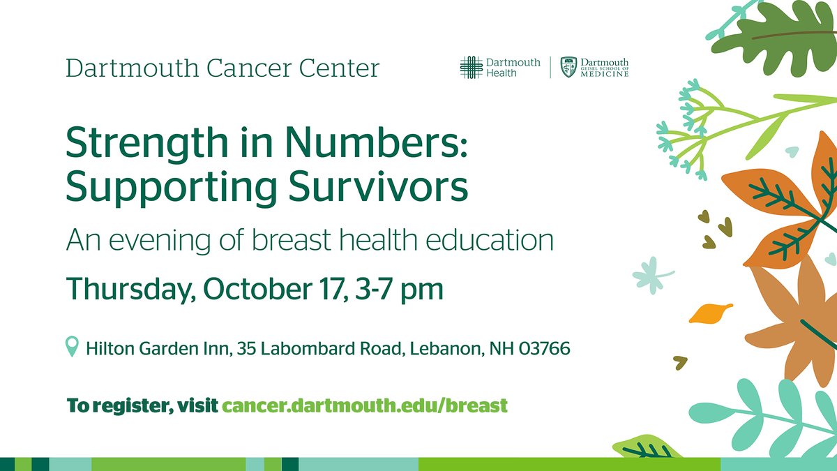 Dartmouth Cancer Center (@dartmouthcancer) on Twitter photo If you've been affected by breast cancer, our Comprehensive Breast Program invites you for an afternoon of learning, inspiration & fellowship. This event is free of charge & open to the public.
⬇️
events.dartmouth-health.org/event/thriving…
<a href="/DartmouthHealth/">Dartmouth Health</a> <a href="/DHMCandClinics/">Dartmouth Hitchcock Medical Center and Clinics</a> #BreastCancerAwareness If you've been affected by breast cancer, our Comprehensive Breast Program invites you for an afternoon of learning, inspiration & fellowship. This event is free of charge & open to the public.
⬇️
events.dartmouth-health.org/event/thriving…
<a href="/DartmouthHealth/">Dartmouth Health</a> <a href="/DHMCandClinics/">Dartmouth Hitchcock Medical Center and Clinics</a> #BreastCancerAwareness