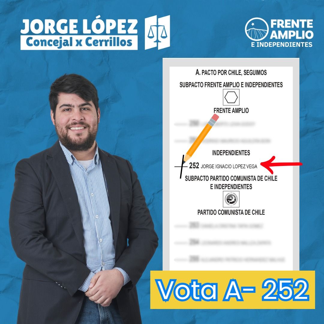 ¡Este 2024, seguimos trabajando por una Cerrillos más justoy sustentable! 🌱

💪 Marca la diferencia, vota A-252 por un Concejal comprometido con las necesidades de nuestra comuna. 🗳️ 

#JorgeLópezConcejal #CerrillosAvanza #Vota252 #FrenteAmplio #Cerrillos