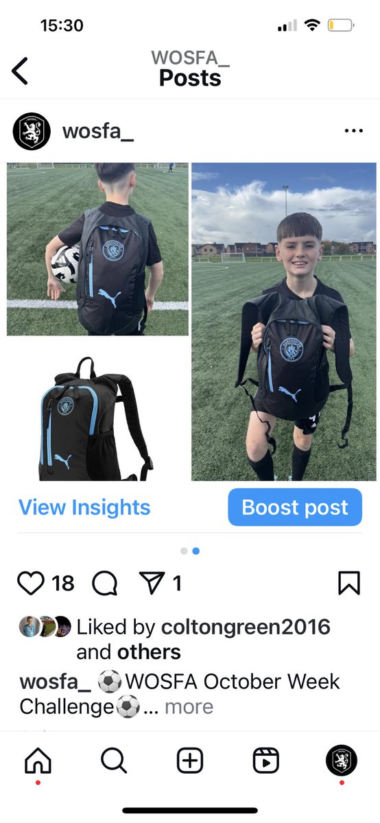 Thanks to our friends <a href="/ManCity/">Manchester City</a> we have a few back packs to give away. Jump over to our Insta account to keep up to date on our WOSFA October week challenge ⚽️ .