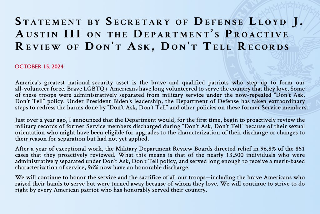 Under <a href="/POTUS/">President Donald J. Trump</a>' leadership, the Department of Defense has taken extraordinary steps to redress the harms done by “Don’t Ask, Don’t Tell” and other policies on former Service members who are LGBTQ+. Read my full statement: