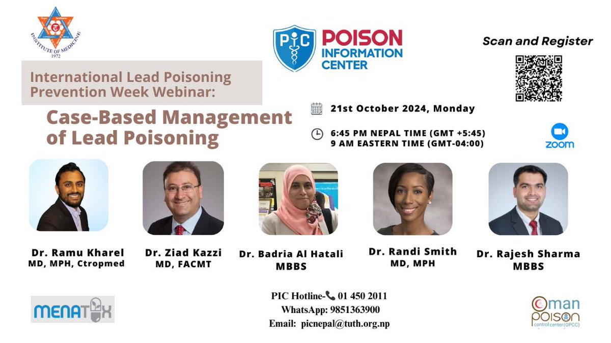 Webinar on International Lead Poisoning Prevention Week Webinar: Case-Based Management of Lead Poisoning

📅 Date: Monday, October 21, 2024
🕡 Time: 6:45 PM Nepal Standard Time (NST) | 9:00 AM Eastern Time (ET)
💻 Platform: Zoom

Registration Link: brown.zoom.us/meeting/regist…