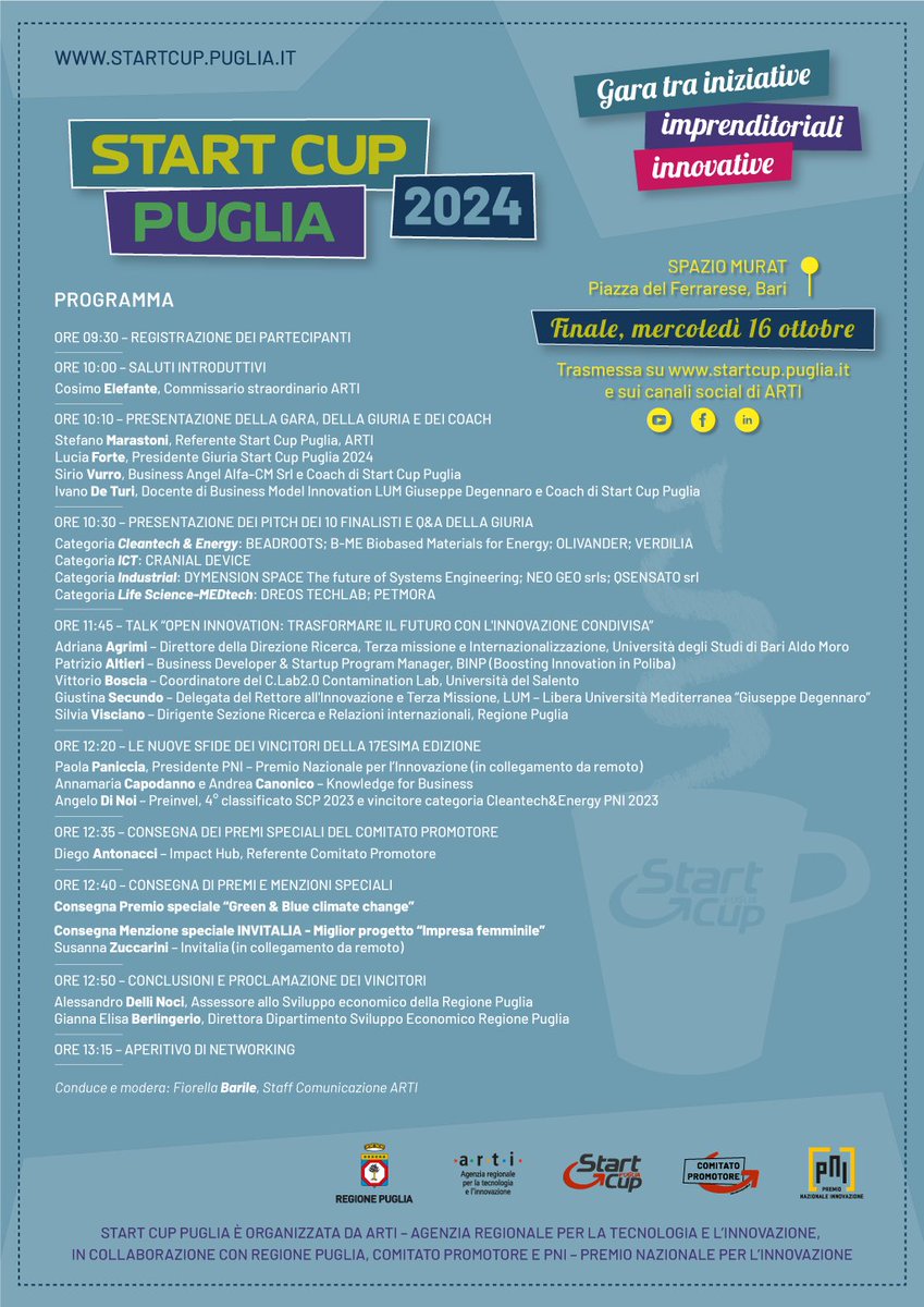 Il programma della Finale di #SCPUGLIA2024 che andrà in scena a #Bari domani 16 ottobre nello Spazio Murat di Piazza del Ferrarese e sui canali social di ARTI arti.puglia.it/eventi/start-c… #startup #puglia #innovazione #tecnologia #ricerca #impresa