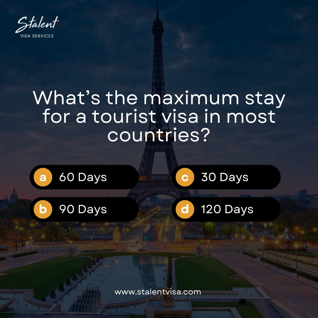 stalentcon's tweet image. Guess the maximum stay for a tourist visa in most countries and comment below! ⏳✈️

Contact Stalent Visa Services
📞 +971 50 299 2098
📱 +971 4 277 5215
📧 info@stalentvisa.com
🌐 stalentvisa.com

#TravelTrivia #VisaQuiz #TouristAdventures #stalentvisaservices