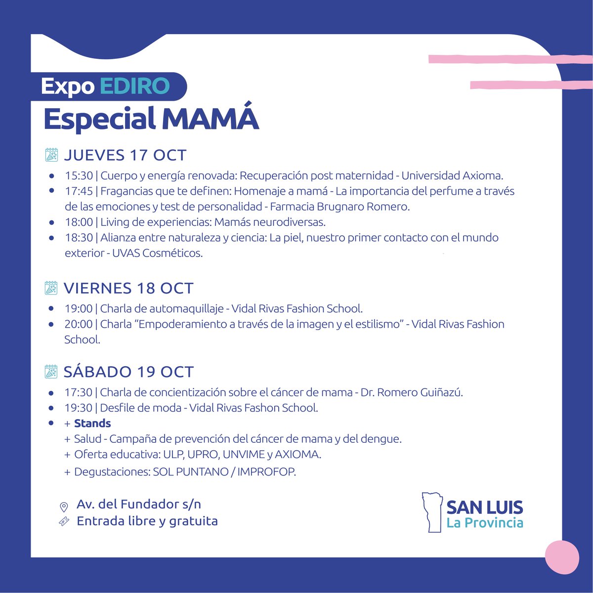 🎉 ¡Llega la Expo EDIRO Especial Mamá! 🎉
🗓️ Del 17 al 19 de octubre. 
▶️ Actividades diseñadas especialmente para celebrar junto a todas las mamás y crear conciencia sobre la prevención del cáncer de mama. 💖

📲Conocé la agenda completa 👇

#ExpoEdiroEspecialMama #EdiroSanLuis
