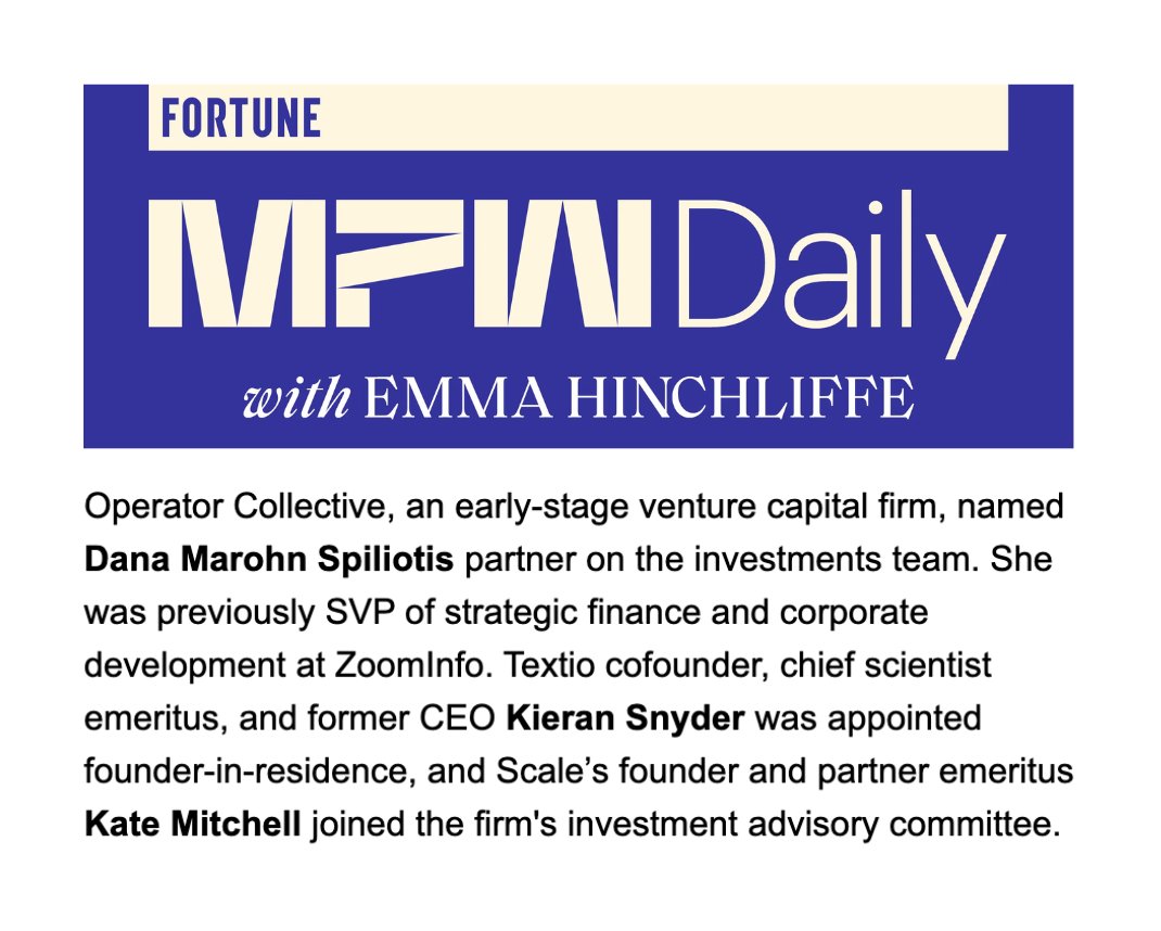 Operator Collective 🔆 (@opco_vc) on Twitter photo Excited to welcome three powerhouses to the OpCo team:
🔸Dana Marohn Spiliotis, Partner on the investments team
🔸<a href="/KieranSnyder/">Kieran Snyder</a>, Co-Founder, Chief Scientist Emeritus and former CEO of OpCo PortCo Textio as our first Founder in Residence
🔸Kate Mitchell to our Investments Excited to welcome three powerhouses to the OpCo team:
🔸Dana Marohn Spiliotis, Partner on the investments team
🔸<a href="/KieranSnyder/">Kieran Snyder</a>, Co-Founder, Chief Scientist Emeritus and former CEO of OpCo PortCo Textio as our first Founder in Residence
🔸Kate Mitchell to our Investments