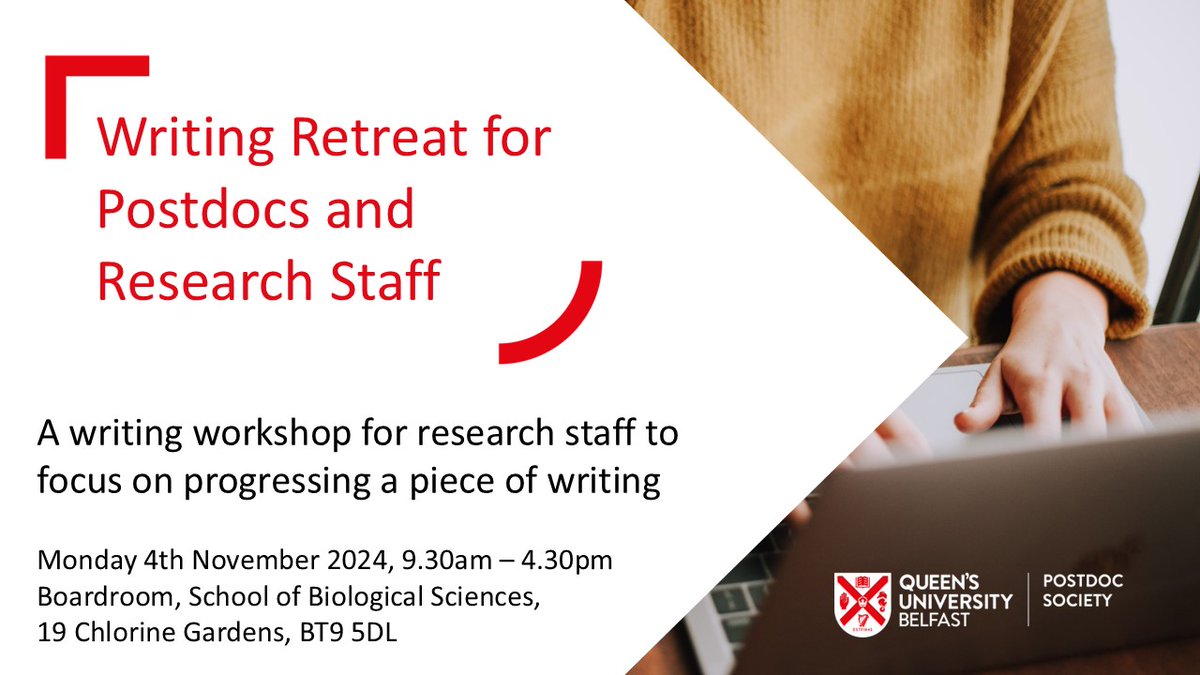 QUB Postdoc Society (@qubpostdocsoc) on Twitter photo 🚨 Writing Retreat ✍️
Finding time to write papers, chapters or funding bids is difficult. This one-day retreat will give you the space to focus on a piece of writing, working with a facilitator & the support of your peers
More info & registration ⬇️⬇️
qub.ac.uk/sites/pdc/Repr… 🚨 Writing Retreat ✍️
Finding time to write papers, chapters or funding bids is difficult. This one-day retreat will give you the space to focus on a piece of writing, working with a facilitator & the support of your peers
More info & registration ⬇️⬇️
qub.ac.uk/sites/pdc/Repr…