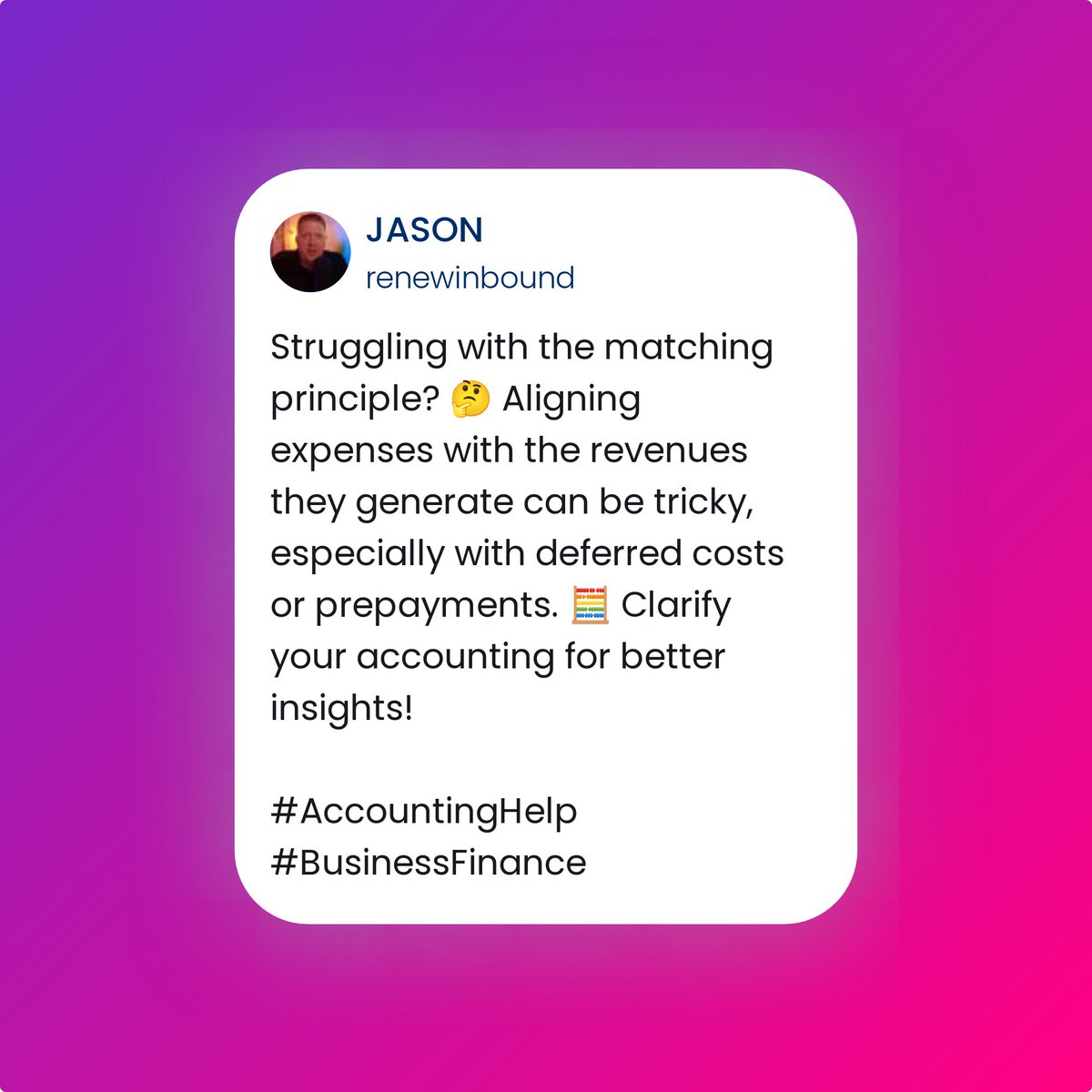 renewinbound's tweet image. Struggling with the matching principle? 🤔 Aligning expenses with the revenues they generate can be tricky, especially with deferred costs or prepayments. 🧮 Clarify your accounting for better insights!

#AccountingHelp #BusinessFinance