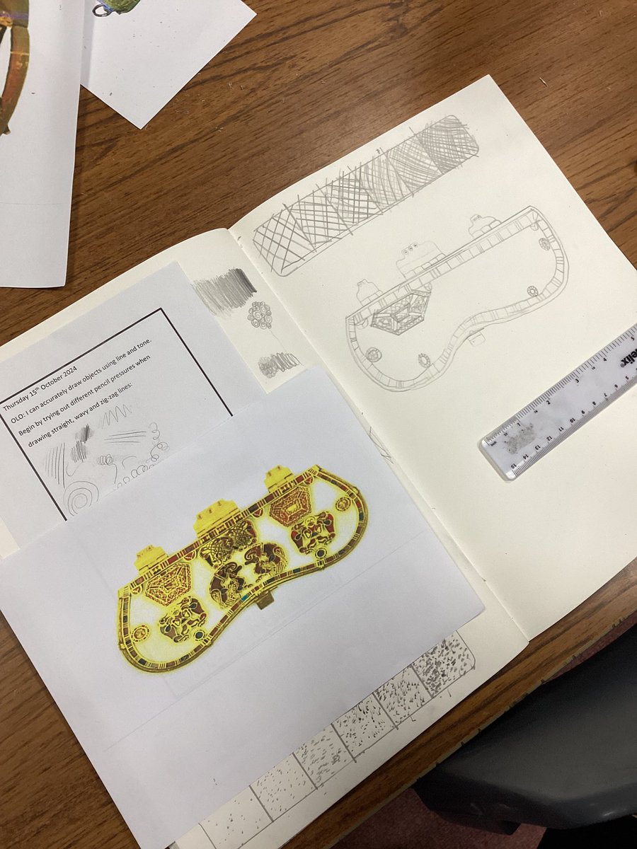 4Yearsley's tweet photo. This afternoon we looked at using line and tone in our artwork and drew Anglo Saxon artefacts. This is the start the children have made - very impressive detail! 😊 https://t.co/wLM89jVntc