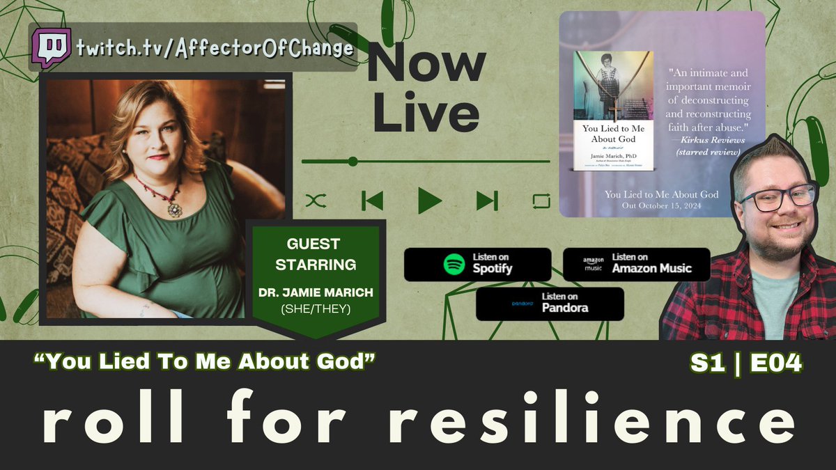 ChangeAffector's tweet image. The new episode of my podcast, Roll for Resilience, is now live! Come listen to @jamiemarich talk about her new memoir &quot;You Lied To Me About God&quot; available on Spotify and where most podcasts can be found linked below 👇#redefinetherapy #r4r