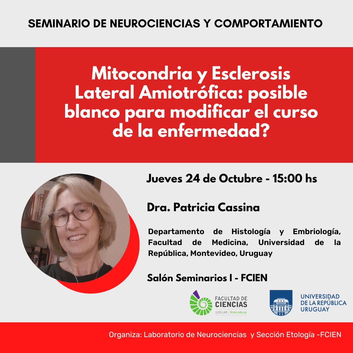 LabNeuroFcien (@neurofcien) on Twitter photo Les invitamos al último Seminario del ciclo del Lab en conjunto con la Sección Etología de <a href="/FcienUdelar/">Facultad de Ciencias</a>.
¡Cerramos este ciclo con 9 seminarios y una audiencia muy atenta!
En este último seminario nos acompañará la Dra. Patricia Cassina 🧪💉
📍Jueves 24/10 - 15:00 hs Les invitamos al último Seminario del ciclo del Lab en conjunto con la Sección Etología de <a href="/FcienUdelar/">Facultad de Ciencias</a>.
¡Cerramos este ciclo con 9 seminarios y una audiencia muy atenta!
En este último seminario nos acompañará la Dra. Patricia Cassina 🧪💉
📍Jueves 24/10 - 15:00 hs