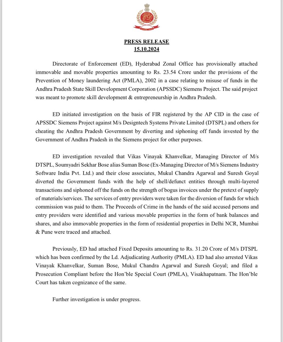 UttarandhraNow's tweet image. సిఎం చంద్రబాబు గారి హయంలో జరిగిన ఏపి స్కిల్ డెవలప్మెంట్ కుంభకోణంలో కీలక పరిణామం. 

23.54 కోట్ల విలువైన ఆస్తులు అటాచ్ చేసిన ఈడి! 

#SkillDevelopmentScam #UANow