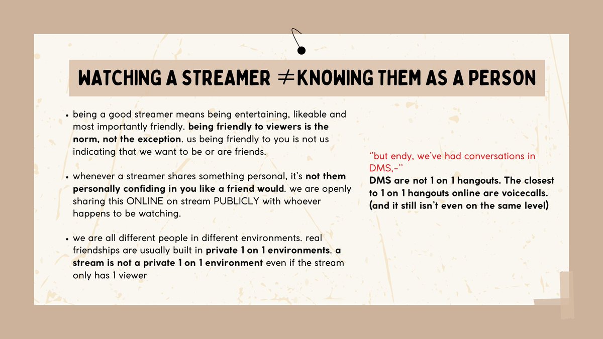endearestx's tweet image. adding onto this; you can only consider someone a friend if you know them personally. watching a streamer (no matter for how long) ≠ knowing them as a person and therefore you are NOT friends.