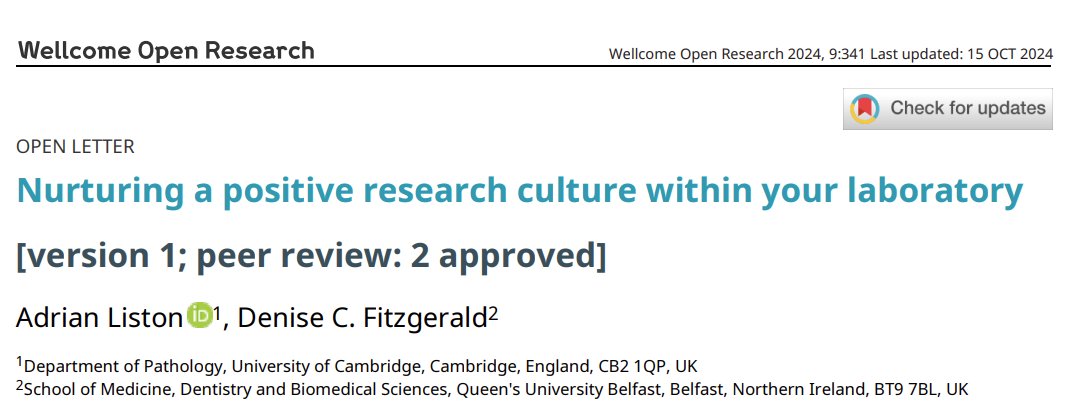 Adrian Liston (@labliston) on Twitter photo Our paper on nurturing a #PositiveResearchCulture within your #research #team is now published in <a href="/WellcomeOpenRes/">WellcomeOpenResearch</a>! Nurturing that culture is among the most impactful things you can do, here is how: 1/11
wellcomeopenresearch.org/articles/9-341… Our paper on nurturing a #PositiveResearchCulture within your #research #team is now published in <a href="/WellcomeOpenRes/">WellcomeOpenResearch</a>! Nurturing that culture is among the most impactful things you can do, here is how: 1/11
wellcomeopenresearch.org/articles/9-341…