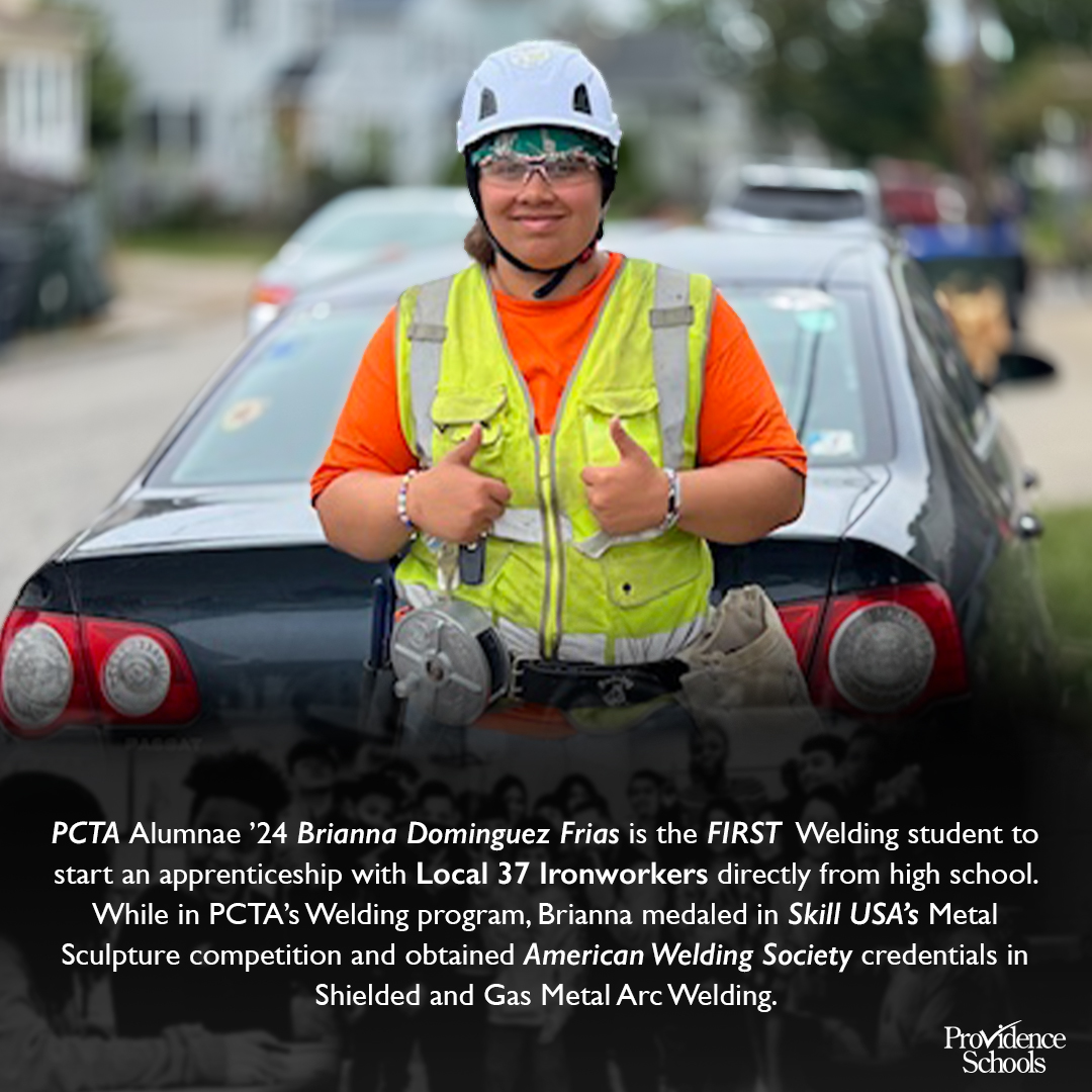 Alumnae Highlight:<a href="/PCTAProvidence/">PCTA</a> ’24 Brianna Dominguez Frias is the FIRST Welding student to start an apprenticeship with <a href="/TheIronworkers/">Iron Workers Union</a> Local 37 directly from high school. 3 cheers for this talented woman whose commitment to her craft set up success in this demanding industry!