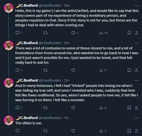alamodegames's tweet photo. I knew this would be something that would come up, (though Michelle being cis is up for debate), but essentially this is my story about how dirty it felt to be me, and how hard it was to ask to be loved when I felt like something that should be removed from this earth. https://t.co/dofMlZ5SqY