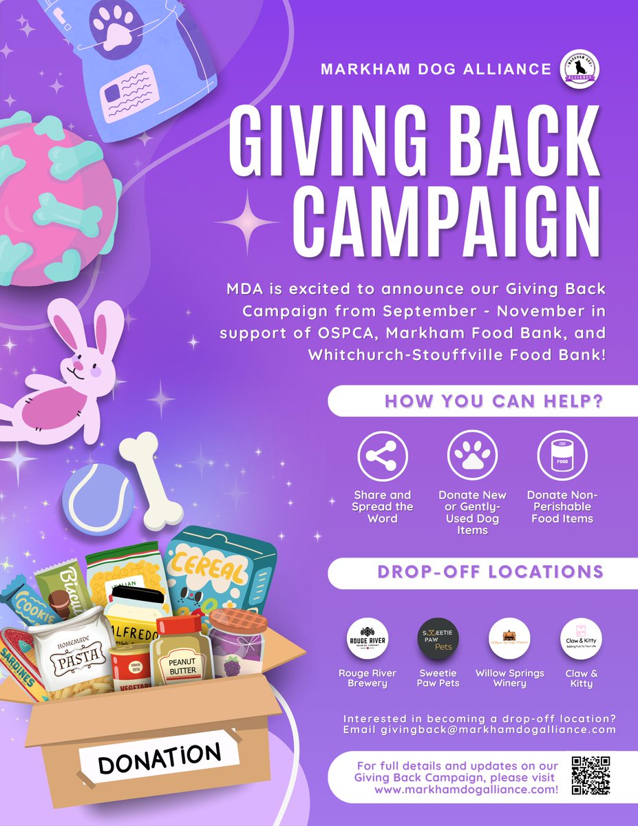 FoodWs's tweet photo. If you're looking for a fun way to support us, check out Markham Dog Alliance's Giving Back campaign!

If you'd like to donate food for the WSFB, you can bring it to Willow Springs Winery or directly to MDA at one of their upcoming events.

Learn more:
https://t.co/DRuDrtEXj9 https://t.co/qTOY6Jh7ym
